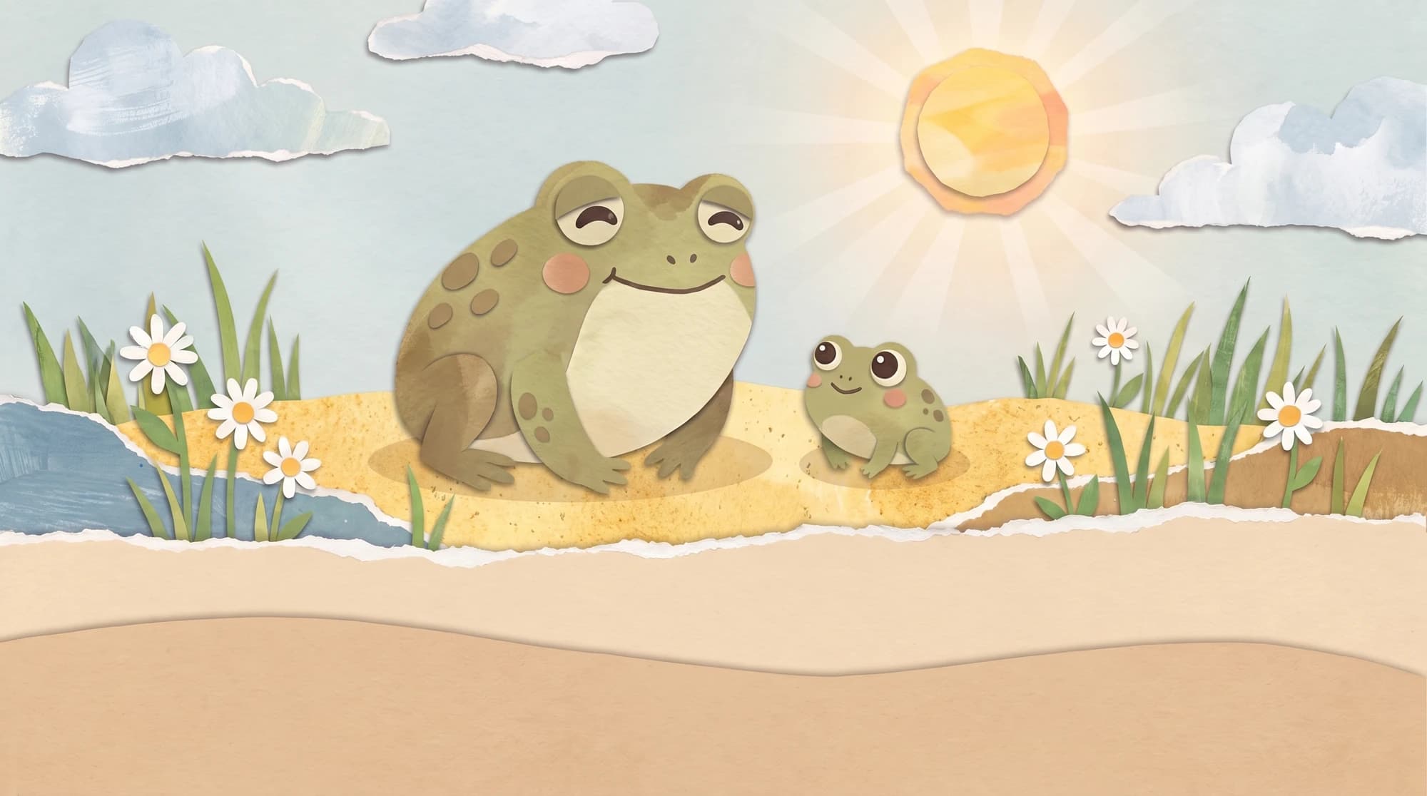 A picture in a cut-paper style: a smiling mother toad and her little toad sit together on warm sand under a paper sun, with daisies and grass.